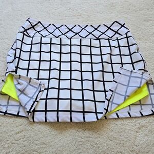 JOFIT Athletic Golf Tennis Skort  Sz L Black White Grid Print Neon Yellow Shorts